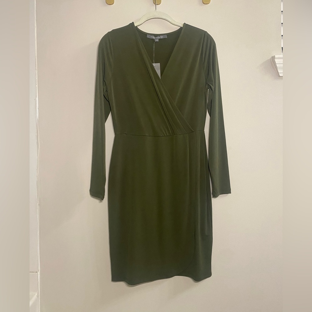 NWT French Connection Faux Wrap Long Sleeve Dress in Olive Green